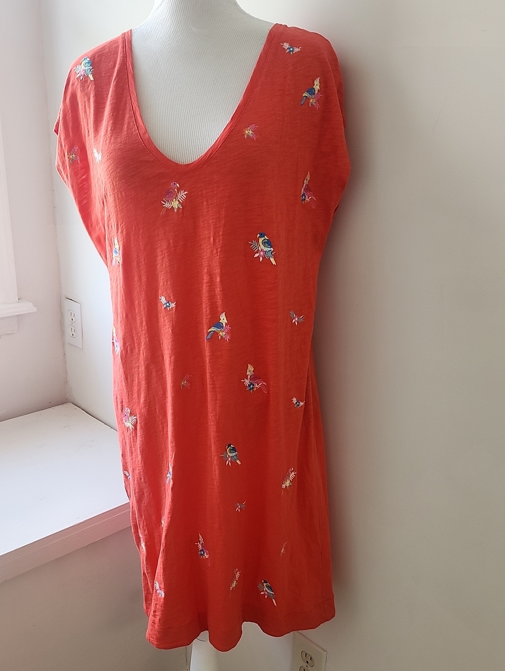 Boden Polly Embroidered T-Shirt Dress Cherry Red, Parrot Embroidery 10 Cotton